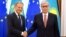 Interim Kazakh President Qasym-Zhomart Toqaev (right) and Donald Tusk, president of the European Council, in Nur-Sultan