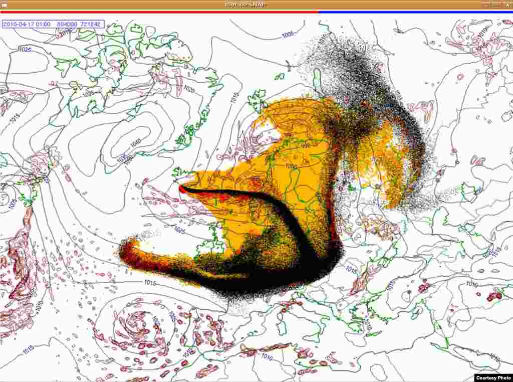 Projected spread of Icelandic ash cloud (17.4. 0100 UTC) - These images show a projection of the movement of the ash clouds from the Iceland volcanic eruption moving over Europe. The colors on the map represent: yellow: ash that has fallen by itself red: ash that has fallen by precipitation black: the actual ash cloud Source: Norwegian Meteorological Institute