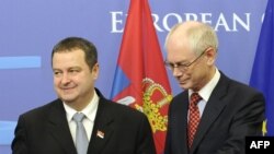 Belgium -- European Union President Belgian Herman Van Rompuy (R) welcomes Serbian Prime Minister Ivica Dacic before a bilateral meeting at the EU Headquarters in Brussels, 18Jan2013