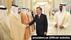 Uzbek President Shavkat Mirziyoev (center) attends a welcoming ceremony in Abu Dhabi on March 25.