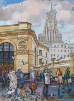 Naporan dan ispred stanice podzemne železnice Smolenskaja. Zgrada ruskog Ministarstva spoljnih poslova uzdiže se u pozadini.