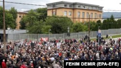 Protesters rally in front of the building of the High Judicial and Prosecutorial Council in Sarajevo on May 29.