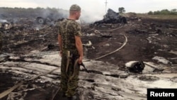 An armed pro-Russian separatist stands at the site of the Malaysia Airlines Boeing 777 plane crash in Ukraine's eastern Donetsk region on July 17.