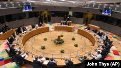 BELGIUM -- European Union leaders in the eurogroup meet during a round table at an EU summit in Brussels, March 23, 2018
