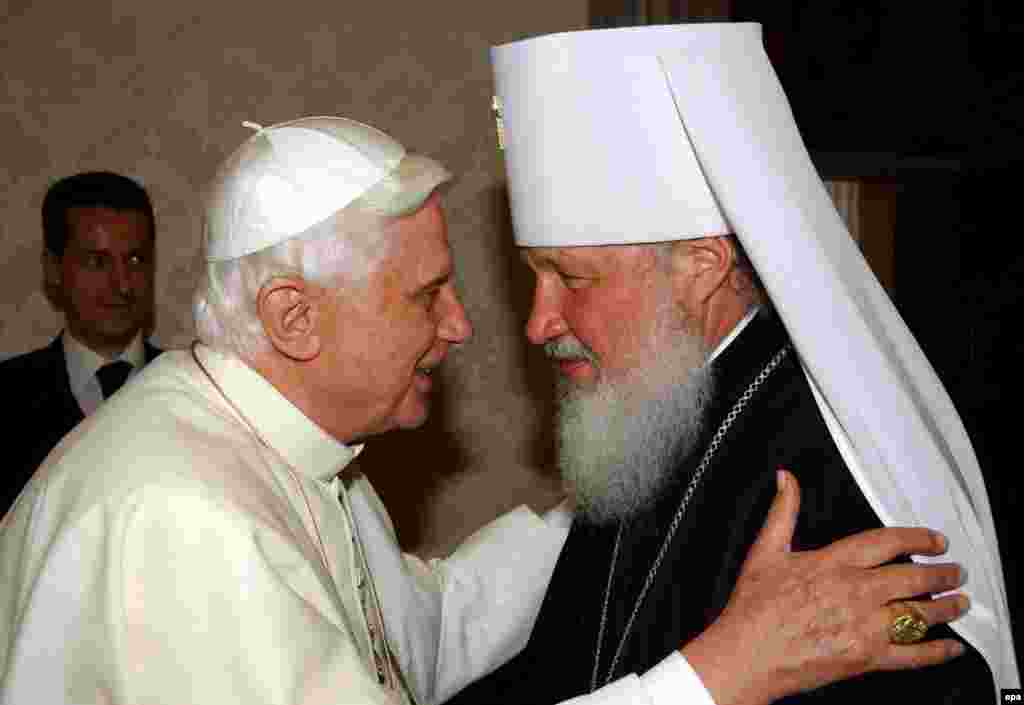 Pope Benedict (left) greets Russian Metropolitan Kirill during their meeting in the Vatican in May 2006.