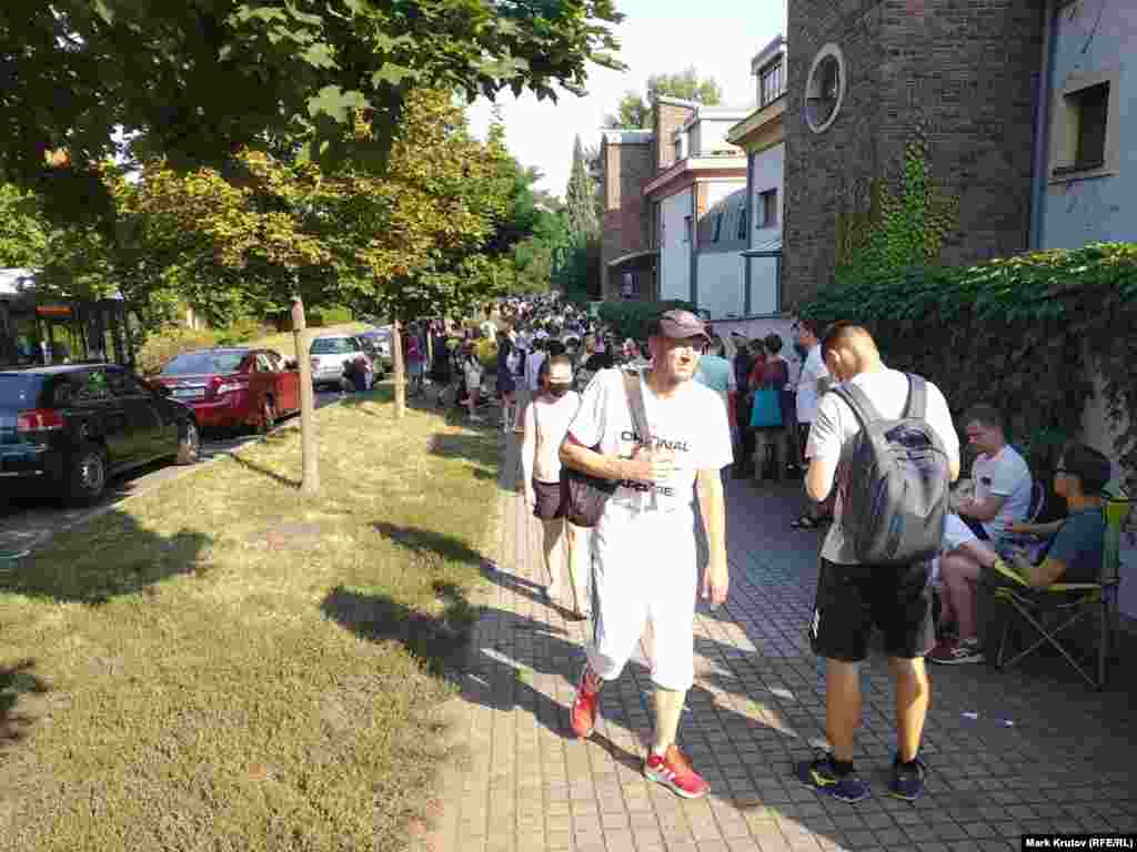 A long line of voters formed outside the Belarusian Embassy in Prague.