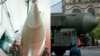 A combination photo showing a US Air Force technician inspecting an LGM-30G Minuteman III missile (left) and an RS-24 Yars intercontinental ballistic missile system (right) being paraded across Red Square In Moscow during a Victory Day military parade. 