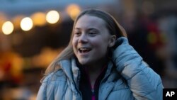 Greta Thunberg la un miting pentru climă la Amsterdam, 12 noiembrie 2023 (AP Photo/Peter Dejong)