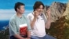 Коллаж. Керчане Оксана и Олег Левченко, на фоне пейзажи Крыма 