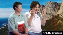 Коллаж. Керчане Оксана и Олег Левченко, на фоне пейзажи Крыма 