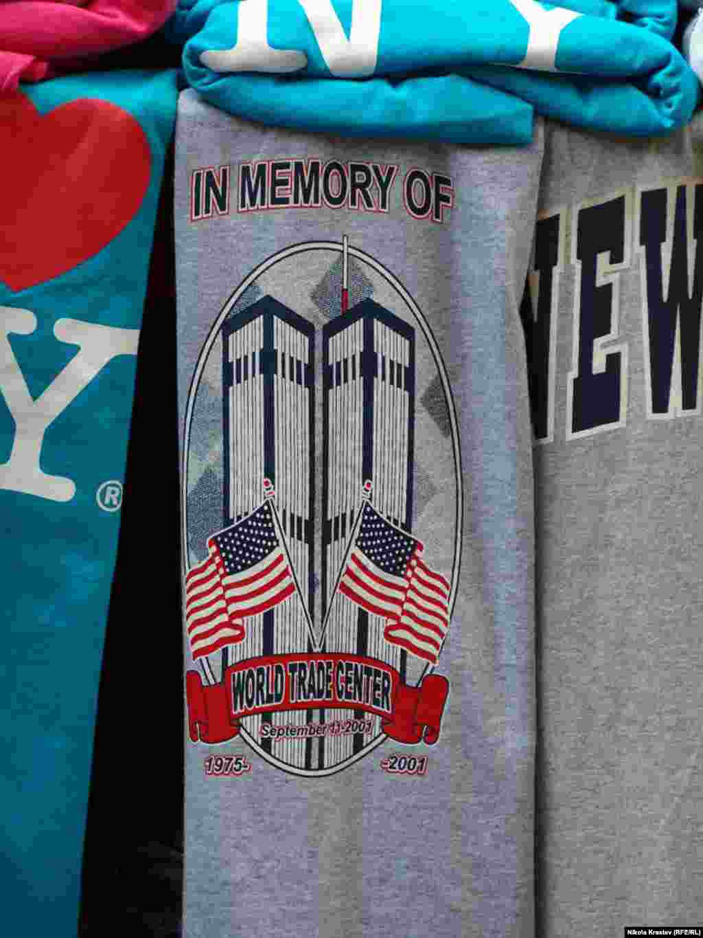 A souvenir stand near Ground Zero sells commemorative T-shirts. 
