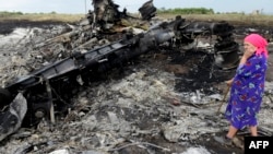 A local resident stands amid wreckage at the crash site of a Malaysia Airlines plane, which was shot down over eastern Ukraine last year, killing all 298 people on board.