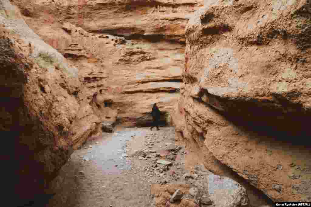 В желто-красном песчанике ущелья Кок-Мойнок много узких извилистых проходов.