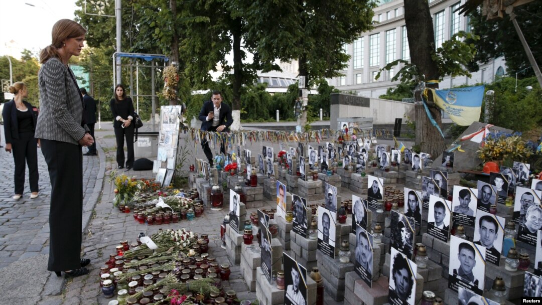 United States Ambassador to the United Nations Samantha Power visits a memorial in Kyiv to the so-called "Heavenly Hundred," who were killed during unrest in 2014 that eventually led to the ouster of former Ukrainian President Viktor Yanukovych. 