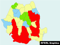 Harta alegerilor. LEGENDĂ: PSD- roșu, PNL- galben, USR-PLUS - albastru, UDMR - verde.