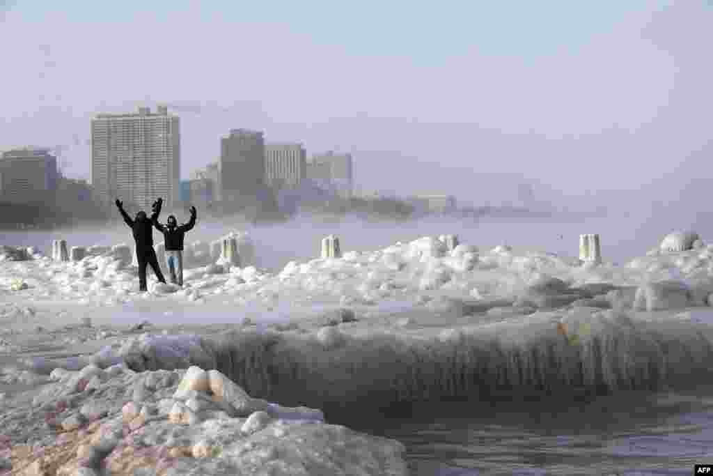 Thick ice lines the shores of Lake Michigan in Chicago, Illinois, during sub-zero temperatures on January 6. (Scott Olson, Getty Images)