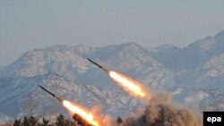 North Korea -- The launch of missiles that was witnessed by North Korea leader, undated