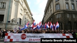 Marchers at the protest against the ratification of the Istanbul Convention in Zagreb on March 24.