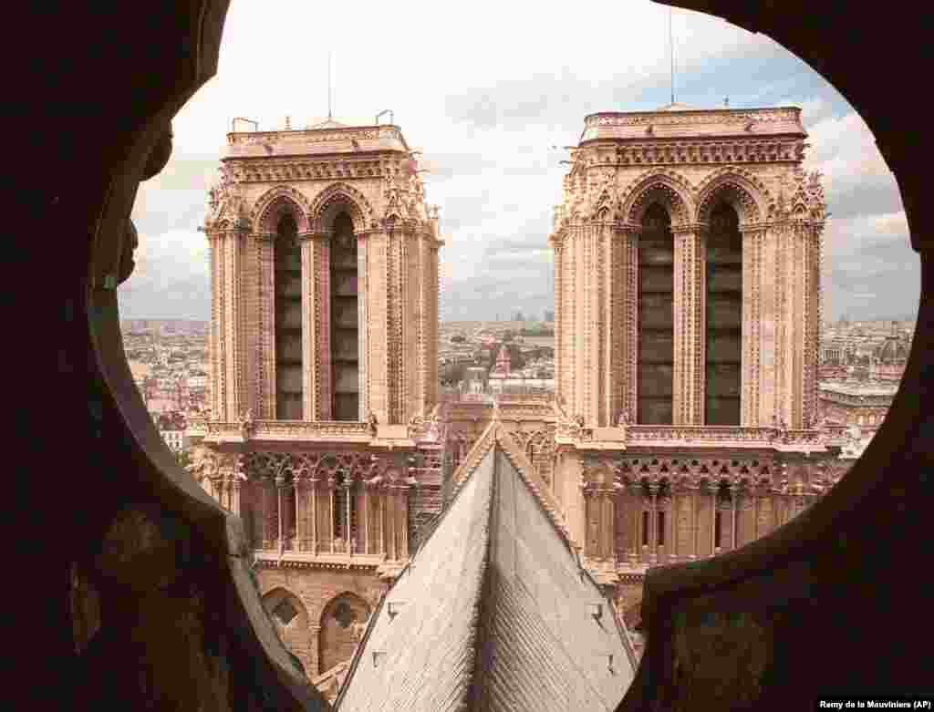 The two towers of Notre Dame Cathedral in Paris as seen from the spire in June 1998.