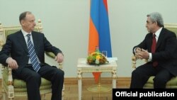 Armenia - President Serzh Sarkisian (R) meets with Nikolay Patrushev, secretary of Russia's Security Council, in Yerevan, 9Feb2012.