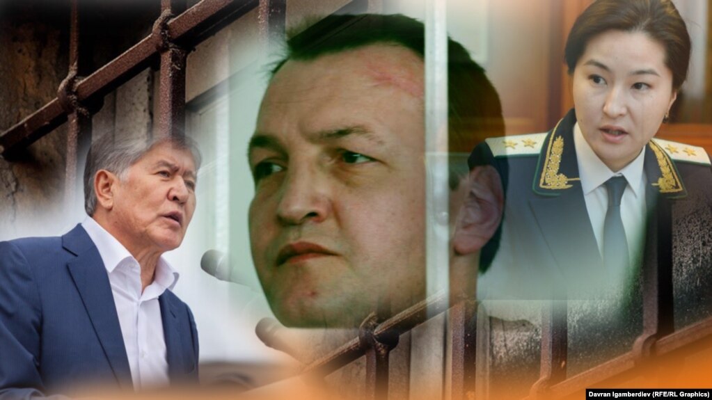 Қирғизистон собиқ президенти Алмазбек Атамбаев (чапда), жиноят олами авторитети Азиз Батукаев ва собиқ Бош прокурор Индира Жолдубаева.