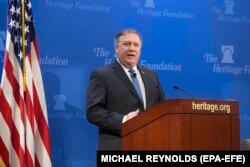 Secretarul de stat State Mike Pompeo pronunțînd remarcile sale 'After the Deal - A New Iran Strategy', la Heritage Foundation, Washington, DC, 21 mai 2018.