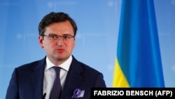Ukrainian Foreign Minister Dmytro Kuleba gives a joint press conference with his German counterpart Heiko Maas (unseen) after bilateral discussions in Berlin on June 2, 2020.