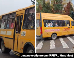Colaj din imagini cu autobuze școlare care transportă oameni la mitingul de la Tiraspol, 23 octombrie 2026