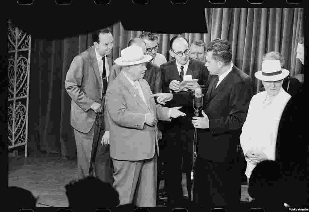 The two statesmen slug it out in a mockup of a television studio. After Khrushchev declared the U.S. exhibition unfinished he claimed the U.S.S.R. would soon outstrip America&rsquo;s development, &ldquo;and as we pass you by we&rsquo;ll say, &lsquo;See you!&rsquo;&rdquo;