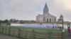 Nagorno-Karabakh -- A football pitch for children and an Armenian church in Shushi (Shusha), September 6, 2018.