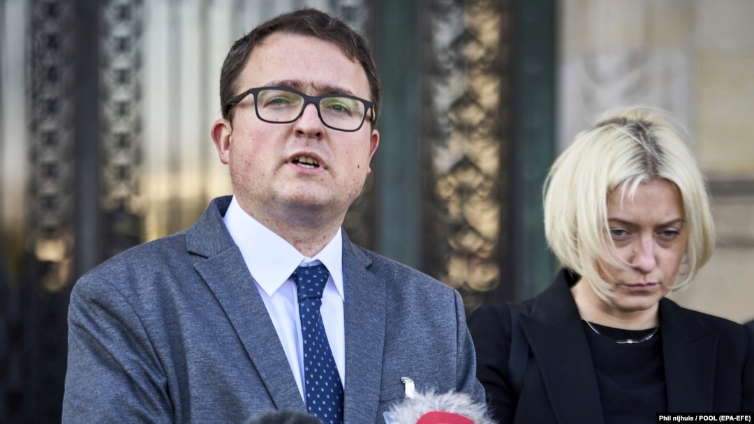 Anton Korynevych speaks to the media in The Hague, Netherlands, in March 2022.