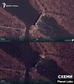 Зруйнована гребля на Сіверському Донці в Райгородку, фото із супутників, знімок вгорі від 22 березня, знімок нижче від 23 березня 2026 року