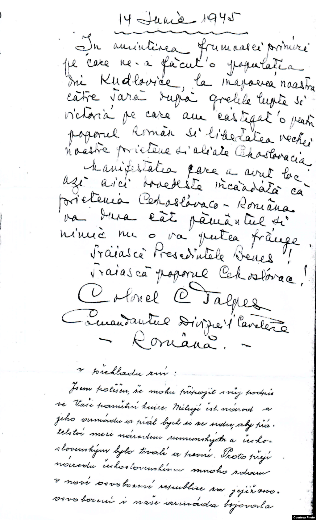 O mărturie inedită de la Kudlovice: &bdquo;Trăiască președintele Benes! Trăiască poporul cehoslovac!&rdquo; - însemnările colonelului C. Talpeș, comandantul Diviziei 1 de cavalerie română (14 iunie 1945).