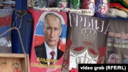 T-shirts with Vladimir Putin's image on stalls in Belgrade
