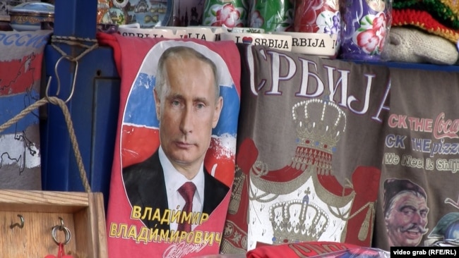 T-shirts with Vladimir Putin's image on stalls in Belgrade