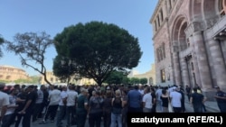 Armenia - Fish farmers demonstrate outside the main government building in Yerevan, July 21, 2026.