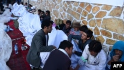 University students during the seventh day of their hunger strike near parliament in Kabul on May 26