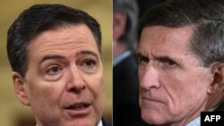 Fostul director al FBI, James Comey și fostul consilier pentru securitate al președintelui Trump, Michael Flynn 