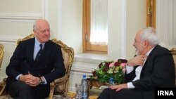 UN envoy to Syria Staffan de Mistura meets Iranian Foreign Minister Mohammad Javad Zarif in Tehran on January 10.