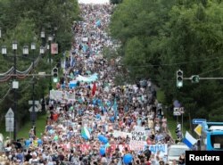 Protesters march in Khabarovsk on July 25.