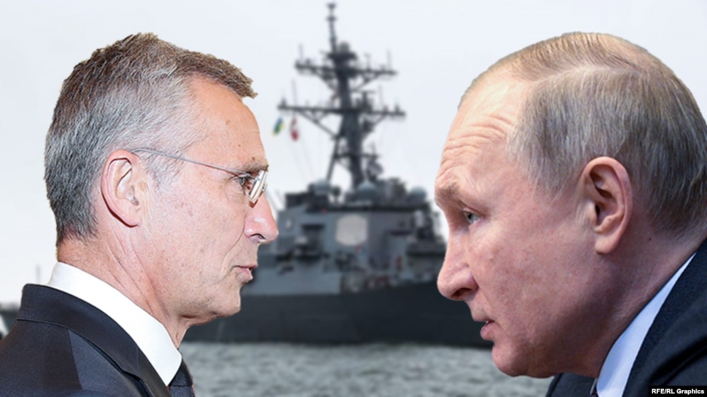 Колаж: президент Росії Володимир Путін (праворуч) і генсекретар НАТО Єнс Столтенберґ