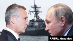 Колаж: президент Росії Володимир Путін (праворуч) і генсекретар НАТО Єнс Столтенберґ