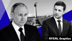 Volodımır Zelenskıy (sağ taraftan) ve Vladimir Putin. Kollaj