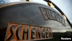 Luxembourg -- A plate with the name Schengen and Europe is pictured in the village of Schengen, January 27, 2016