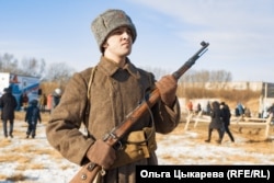 A military reenactor in the dress of the Red Army