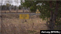 Табличка «Рудий ліс» на тлі 10-кілометрової території, яка взяла на себе найбільшу частку радіаційного викиду 1986-го. Чорнобильська зона