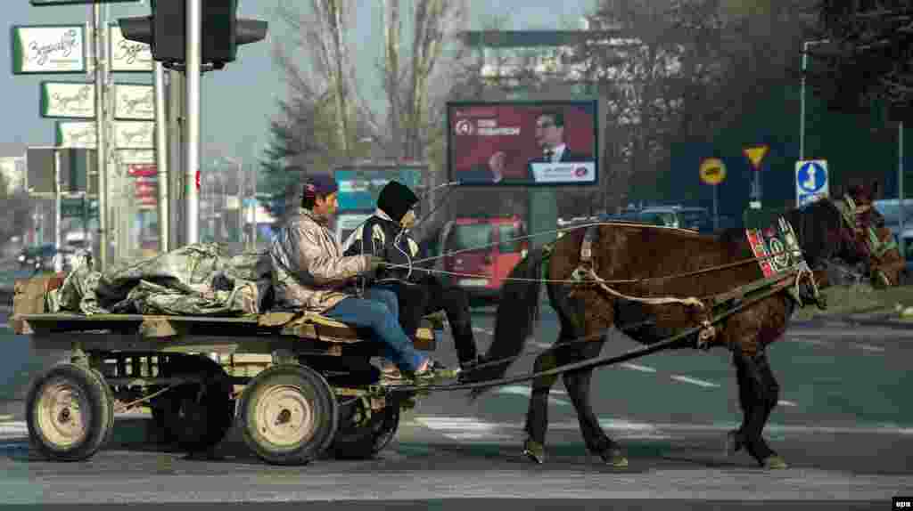 Two young Romany boys ride a horse cart past an election billboard of an opposition SDSM candidate in Skopje, Macedonia. (epa/Georgi Licovski)