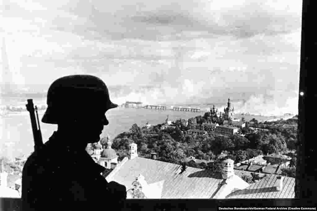 A Nazi sentry in Kyiv on September 19, 1941. In June of that year, after two years of neutrality between Germany and the Soviet Union, Nazi forces launched a surprise attack on the U.S.S.R. Within weeks, Nazi forces had overrun eastern Poland and other Soviet-occupied territories, as well as much of the Ukrainian S.S.R. and other Soviet republics.