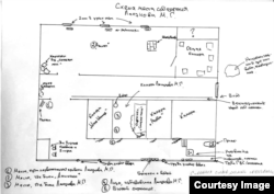 A sketch showing Maksim Lapunov's description of the layout of the cellar in which he was allegedly held captive and beaten by police in Chechnya.