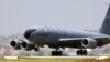 A U.S. Air Force Boeing KC-135R Stratotanker touches down on the flightline at Incirlik air base. 